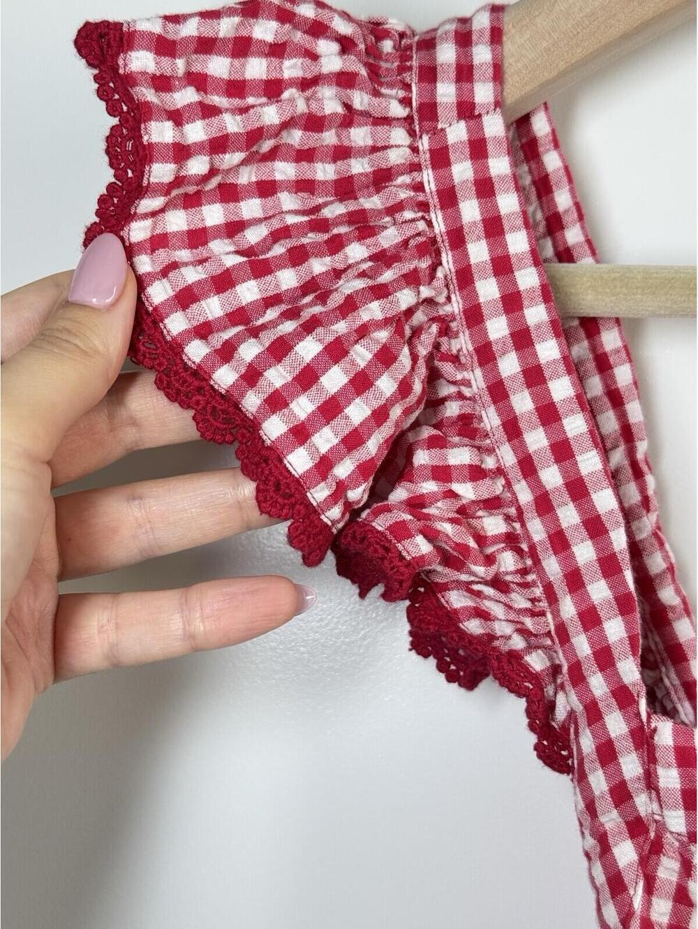 Broadway 38 Gingham Smocked Crop Top M Pink White Check Ruffle Strap Cottagecore - Picture 2 of 9